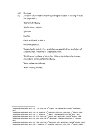 (viii) Chutneys,
(ix) Any other unspecified item relating to the preservation or canning of fruits
and vegetables.]
1
Cashewnut industry
2
Confectionery industry
3
[Buttons.
Brushes.
Plastic and Plastic products.
Stationery products.]
4
Aerated water industry (i.e., any industry engaged in the manufacture of
aerated water, soft drinks or carbonated water).
5
Distilling and rectifying of spirits (not failing under industrial and power
alcohol) and blending of spirits industry.
6
Paint and varnish industry.
7
Bone crushing industry.
1
Added vide Notification No. G.S.R. 1125, dated the 18
th
August, 1962 (with effect from 30
th
September,
1962).
2
Added vide Notification No. G.S.R. 424, dated the 28
th
February, 1963 (with effect from 31
st
March, 1963).
3
Added vide Notification No. G.S.R. 591, dated the 27
th
March, 1963 (with effect from 30
th
April, 1963).
4
Added vide Notification No. G.S.R. 1432, dated the 3
rd
August, 1963 (with effect from 31
st
August, 1963).
5
Added vide Notification No. G.S.R. 1605, dated the 26
th
September, 1963 (with effect from 31
st
October,
1963).
6
Added vide Notification No. G.S.R. 1963, dated the 21
st
December, 1963 (with effect from 31
st
January, 1964).
7
Added vide Notification No. G.S.R. 67, dated the 31
st
December, 1963 (with effect from 31
st
January, 1964).
 