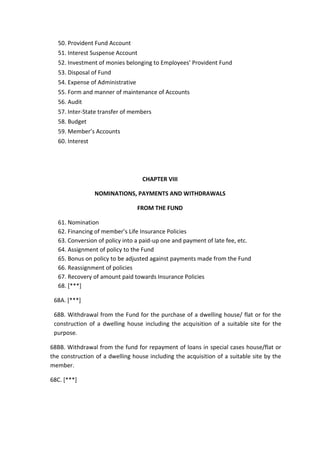 50. Provident Fund Account
51. Interest Suspense Account
52. Investment of monies belonging to Employees’ Provident Fund
53. Disposal of Fund
54. Expense of Administrative
55. Form and manner of maintenance of Accounts
56. Audit
57. Inter-State transfer of members
58. Budget
59. Member’s Accounts
60. Interest
CHAPTER VIII
NOMINATIONS, PAYMENTS AND WITHDRAWALS
FROM THE FUND
61. Nomination
62. Financing of member’s Life Insurance Policies
63. Conversion of policy into a paid-up one and payment of late fee, etc.
64. Assignment of policy to the Fund
65. Bonus on policy to be adjusted against payments made from the Fund
66. Reassignment of policies
67. Recovery of amount paid towards Insurance Policies
68. [***]
68A. [***]
68B. Withdrawal from the Fund for the purchase of a dwelling house/ flat or for the
construction of a dwelling house including the acquisition of a suitable site for the
purpose.
68BB. Withdrawal from the fund for repayment of loans in special cases house/flat or
the construction of a dwelling house including the acquisition of a suitable site by the
member.
68C. [***]
 