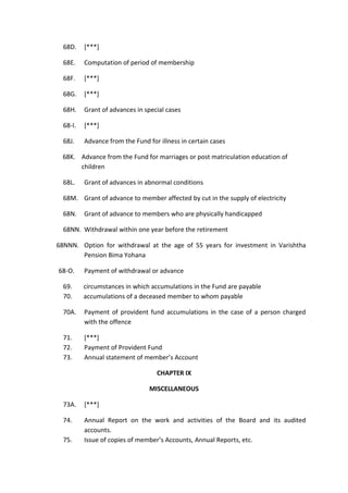 68D. [***]
68E. Computation of period of membership
68F. [***]
68G. [***]
68H. Grant of advances in special cases
68-I. [***]
68J. Advance from the Fund for illness in certain cases
68K. Advance from the Fund for marriages or post matriculation education of
children
68L. Grant of advances in abnormal conditions
68M. Grant of advance to member affected by cut in the supply of electricity
68N. Grant of advance to members who are physically handicapped
68NN. Withdrawal within one year before the retirement
68NNN. Option for withdrawal at the age of 55 years for investment in Varishtha
Pension Bima Yohana
68-O. Payment of withdrawal or advance
69. circumstances in which accumulations in the Fund are payable
70. accumulations of a deceased member to whom payable
70A. Payment of provident fund accumulations in the case of a person charged
with the offence
71. [***]
72. Payment of Provident Fund
73. Annual statement of member’s Account
CHAPTER IX
MISCELLANEOUS
73A. [***]
74. Annual Report on the work and activities of the Board and its audited
accounts.
75. Issue of copies of member’s Accounts, Annual Reports, etc.
 