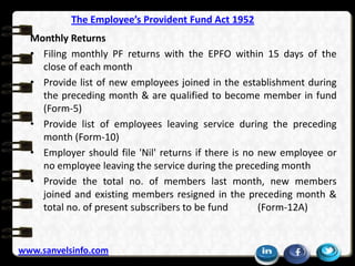 The Employee’s Provident Fund Act 1952
Monthly Returns
• Filing monthly PF returns with the EPFO within 15 days of the
clo...
