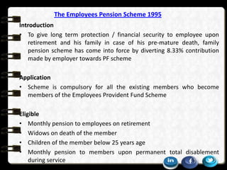 The Employees Pension Scheme 1995
Introduction
• To give long term protection / financial security to employee upon
retire...