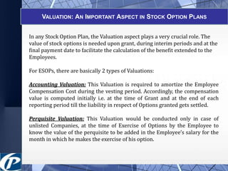 VALUATION: AN IMPORTANT ASPECT IN STOCK OPTION PLANS 
In any Stock Option Plan, the Valuation aspect plays a very crucial role. The 
value of stock options is needed upon grant, during interim periods and at the 
final payment date to facilitate the calculation of the benefit extended to the 
Employees. 
For ESOPs, there are basically 2 types of Valuations: 
Accounting Valuation: This Valuation is required to amortize the Employee 
Compensation Cost during the vesting period. Accordingly, the compensation 
value is computed initially i.e. at the time of Grant and at the end of each 
reporting period till the liability in respect of Options granted gets settled. 
Perquisite Valuation: This Valuation would be conducted only in case of 
unlisted Companies, at the time of Exercise of Options by the Employee to 
know the value of the perquisite to be added in the Employee’s salary for the 
month in which he makes the exercise of his option. 
 