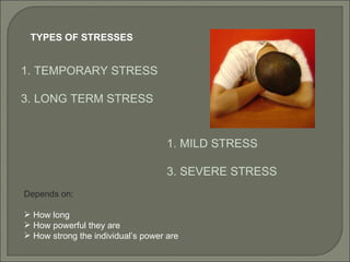 TYPES OF STRESSES  TEMPORARY STRESS  LONG TERM STRESS MILD STRESS SEVERE STRESS Depends on: How long How powerful they are How strong the individual’s power are 