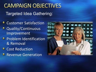 Targeted Idea Gathering:

Customer Satisfaction
Quality/Continuous
Improvement
Problem Identification
& Removal
Cost Reduction
Revenue Generation
 
