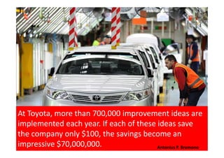 At Toyota, more than 700,000 improvement ideas are
implemented each year. If each of these ideas save
the company only $100, the savings become an
impressive $70,000,000. Antonius P. Bramono
 
