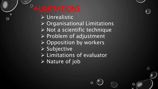 LIMITATIONS
 Unrealistic
 Organisational Limitations
 Not a scientific technique
 Problem of adjustment
 Opposition by workers
 Subjective
 Limitations of evaluator
 Nature of job
 