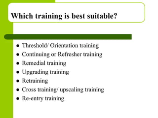 Copyright © 2005 by South-Western, a division of Thomson Learning. All rights reserved.
Which training is best suitable?
 Threshold/ Orientation training
 Continuing or Refresher training
 Remedial training
 Upgrading training
 Retraining
 Cross training/ upscaling training
 Re-entry training
 