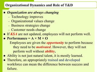 Copyright © 2005 by South-Western, a division of Thomson Learning. All rights reserved.
Organizational Dynamics and Role of T&D
 Organization are always changing
– Technology improves
– Organizational values change
– Business strategies change
– Customer needs change
 If KSA are not updated, employees will not perform well.
 Performance = A × M × O
Employees are given the opportunity to perform because
they need to be motivated. However, they will not
perform well without ability.
 Ability is not just natural talent, it is mostly learned.
 Therefore, an appropriately trained and developed
workforce can mean the difference between success and
failure.4
 