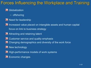 1-12
Forces Influencing the Workplace and Training
Globalization
– offshoring
Need for leadership
Increased value placed on intangible assets and human capital
focus on link to business strategy
Attracting and retaining talent
Customer service and quality emphasis
Changing demographics and diversity of the work force
New technology
High-performance models of work systems
Economic changes
 