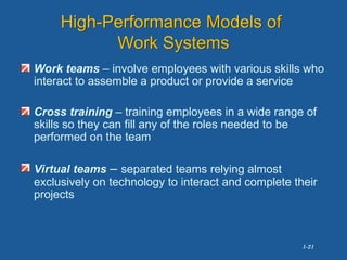 1-21
High-Performance Models of
Work Systems
Work teams – involve employees with various skills who
interact to assemble a product or provide a service
Cross training – training employees in a wide range of
skills so they can fill any of the roles needed to be
performed on the team
Virtual teams – separated teams relying almost
exclusively on technology to interact and complete their
projects
 