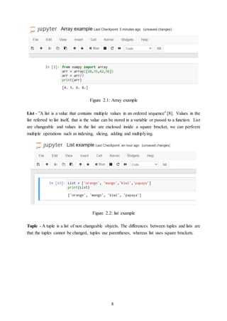 8
Figure 2.1: Array example
List - ”A list is a value that contains multiple values in an ordered sequence”.[8]. Values in the
list referred to list itself, that is the value can be stored in a variable or passed to a function. List
are changeable and values in the list are enclosed inside a square bracket, we can perform
multiple operations such as indexing, slicing, adding and multiplying.
Figure 2.2: list example
Tuple - A tuple is a list of non changeable objects. The differences between tuples and lists are
that the tuples cannot be changed, tuples use parentheses, whereas list uses square brackets.
 