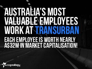 Australia’s most 
valuable employees 
work at Transurban 
Each employee is worth nearly 
A$32m in market capitalisation! 
...