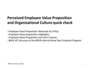 Perceived Employee Value Proposition
and Organizational Culture quick check
- Employee Value Proposition: Rationale of a Pilot;
- Employee Value proposition: Highlights;
- Employee Value Proposition and Unit’s Culture;
- BACK UP: Structure of the BPHR Internal Know Your Customer Program
1
BPHR– D.Famà, July 2015
 