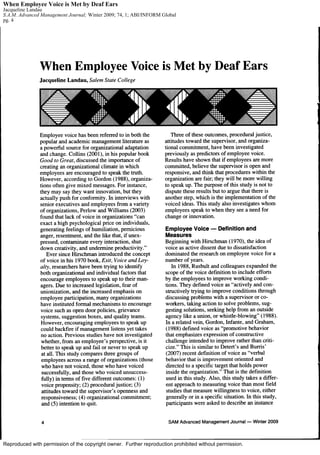 When Employee Voice is Met by Deaf Ears
Jacqueline Landau
S.A.M. Advanced Management Journal; Winter 2009; 74, 1; ABI/INFORM Global
pg. 4




Reproduced with permission of the copyright owner. Further reproduction prohibited without permission.
 