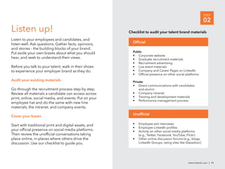 STEP
                                                                                                              02
Listen up!                                             Checklist to audit your talent brand materials
Listen to your employees and candidates, and
listen well. Ask questions. Gather facts, opinions,      Ofﬁcial
and stories - the building blocks of your brand.
Put aside your own biases about what you should          Public
                                                         • Corporate website
hear, and seek to understand their views.                • Graduate recruitment materials
                                                         • Recruitment advertising
Before you talk to your talent, walk in their shoes      • Live event materials
to experience your employer brand as they do.            • Company and Career Pages on LinkedIn
                                                         • Ofﬁcial presence on other social platforms
Audit your existing materials                            Private
                                                         • Direct communications with candidates
Go through the recruitment process step by step.             and alumni
Review all materials a candidate can access across       • Company intranet
print, online, social media, and events. Put on your     • Training and development materials
                                                         • Performance management process
employee hat and do the same with new hire
materials, the intranet, and company events.
                                                         Unofﬁcial
Cover your bases

Start with traditional print and digital assets, and     •   Employee exit interviews
                                                         •   Employee LinkedIn proﬁles
your ofﬁcial presence on social media platforms.         •   Activity on other social media platforms
Then review the unofﬁcial conversations taking               (e.g., Twitter, Facebook, YouTube, Flickr)
place online, in places where others drive the           •   Other online discussion forums (e.g., blogs,
discussion. Use our checklist to guide you.                  LinkedIn Groups, rating sites like Glassdoor)




                                                                                                talent.linkedin.com | 11
 