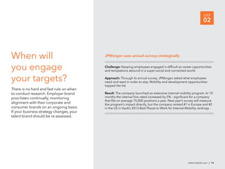 STEP
                                                                                                                   02




When will                                 JPMorgan uses annual surveys strategically


you engage                                Challenge: Keeping employees engaged is difﬁcult as career opportunities
                                          and temptations abound in a super-social and connected world.


your targets?                             Approach: Through its annual survey, JPMorgan asked what employees
                                          need and want in order to stay. Mobility and development opportunities
                                          topped the list.
There is no hard and fast rule on when
to conduct research. Employer brand       Result: The company launched an extensive internal mobility program. In 10
pros listen continually, monitoring       months the internal hire rated increased by 5% - signiﬁcant for a company
                                          that ﬁlls on average 75,000 positions a year. Next year’s survey will measure
alignment with their corporate and        the program’s impact directly, but the company ranked #1 in Europe and #2
consumer brands on an ongoing basis.      in the US in Vault’s 2013 Best Places to Work for Internal Mobility rankings.
If your business strategy changes, your
talent brand should be re-assessed.




                                                                                                     talent.linkedin.com | 15
 