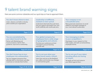 9 talent brand warning signs
Here are some common obstacles and our quick tips on how to approach them.


 You don’t know where to start.              Leadership is indifferent,                  Your company is not
 Listen, observe, and talk to industry       resistant or even cynical.                  a household name.
 peers outside your organization.            Understand what fuels the push-back,        Raise grassroots awareness via social
                                             link your goals to the bottom line, and     platforms and target messages to
                                             build credibility with small-scale wins.    your most relevant audience(s).


                               Pages 11-17                                  Pages 8-17                                Pages 23-41


 You are overwhelmed by                      Your global company has                     Your messaging is similar
 your talent brand to-do list.               employees from a wide range                 to your competition’s.
 Partner with Marketing and                  of geographies and cultures.                Dig deeper in your research to ﬁnd
 Communications. Ask for their               Prioritize your audiences and test          fresh angles, and seek out extraordinary
 guidance, input and co-ownership.           messages to ensure that they                employee stories.
                                             resonate well.

                          Pages 8-9, 23-41                                Pages 13, 21                                Pages 12-17


 You don’t know how to turn                  You’re not sure when your                   You’re not sure if your talent
 employees into ambassadors.                 talent brand needs a refresh.               branding efforts are having
 Tap your biggest champions ﬁrst,            Learn from and act on the feedback          an impact.
 educate them on the brand, and offer        you collect, and monitor any changes        Set goals up front and measure
 incentives to motivate them further.        in core business goals.                     your efforts against them.


                       Pages 27-28, 35-36                                  Pages 11-17                            Pages 20, 43-45

                                                                                                                  talent.linkedin.com | 46
 