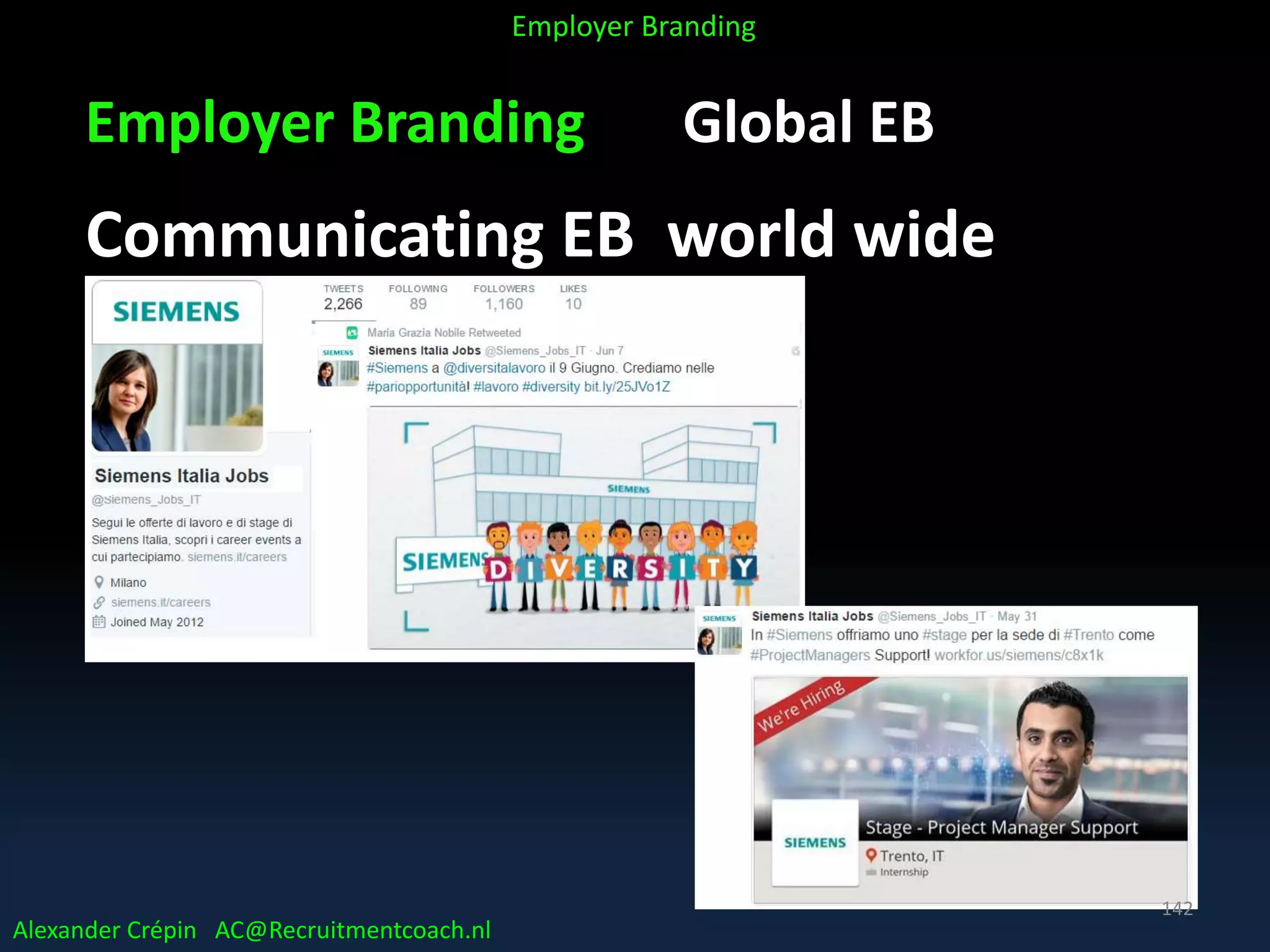Employer Branding Global EB
Communicating EB world wide
Alexander Crépin AC@Recruitmentcoach.nl
Employer Branding
142
 