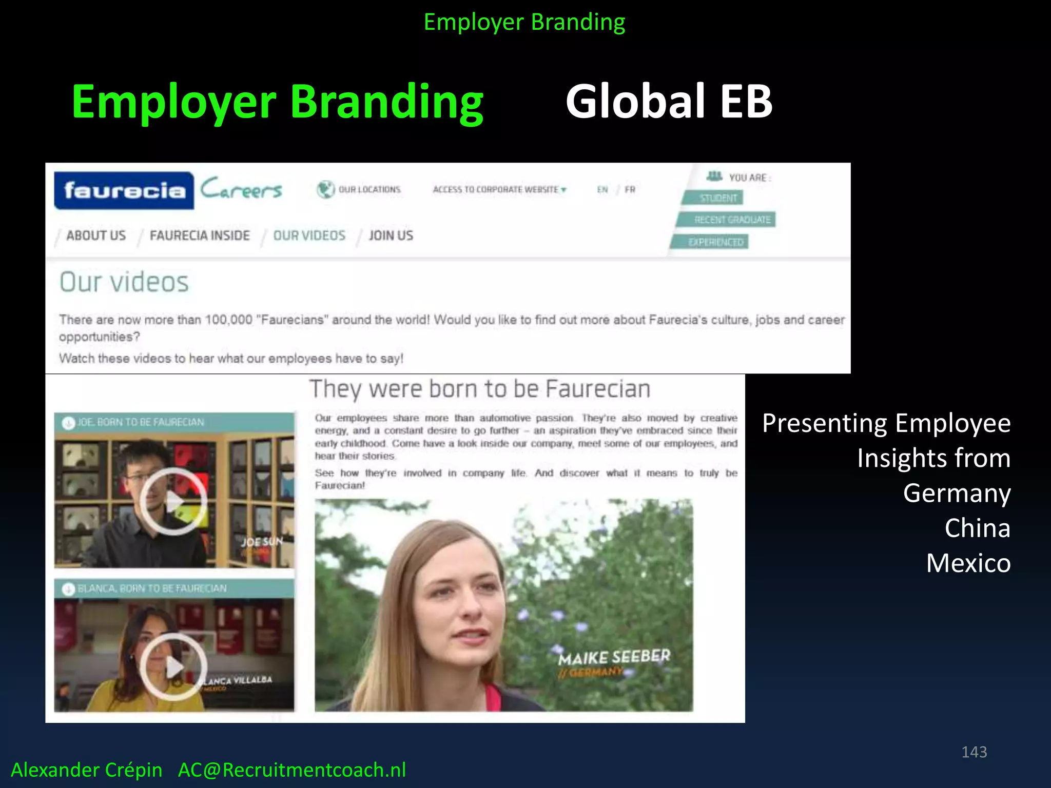 Employer Branding Global EB
E
Presenting Employee
Insights from
Germany
China
Mexico
Alexander Crépin AC@Recruitmentcoach.nl
Employer Branding
143
 
