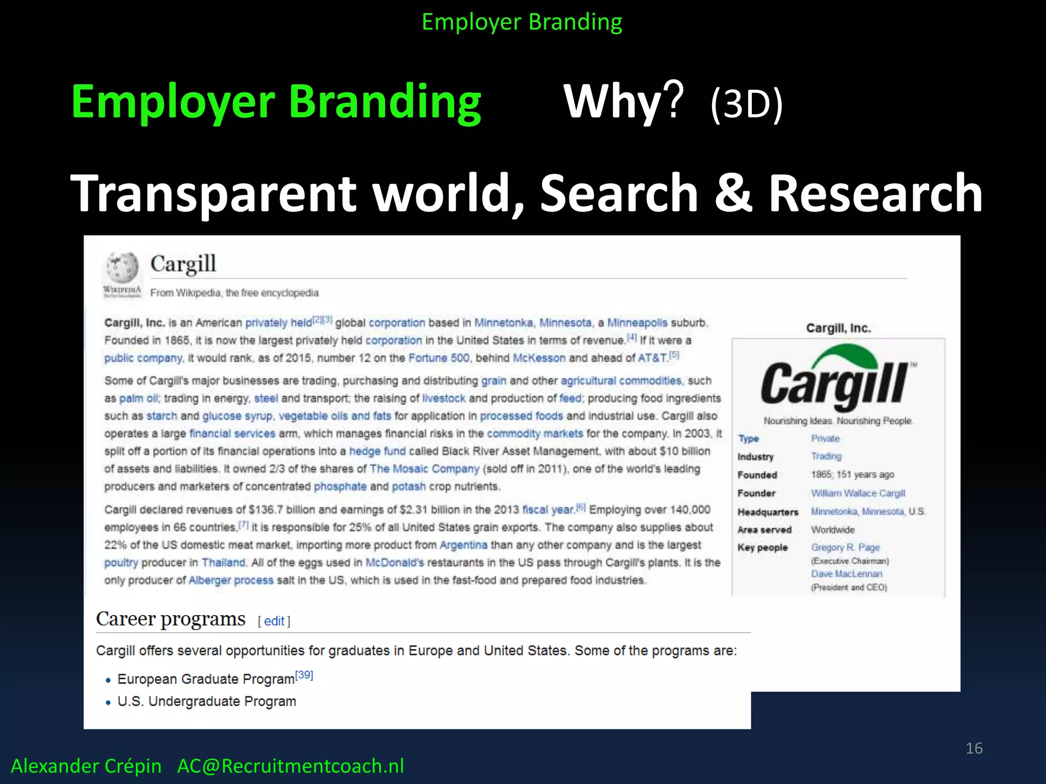 Employer Branding Why? (3D)
Transparent world, Search & Research
Alexander Crépin AC@Recruitmentcoach.nl
Employer Branding
16
 