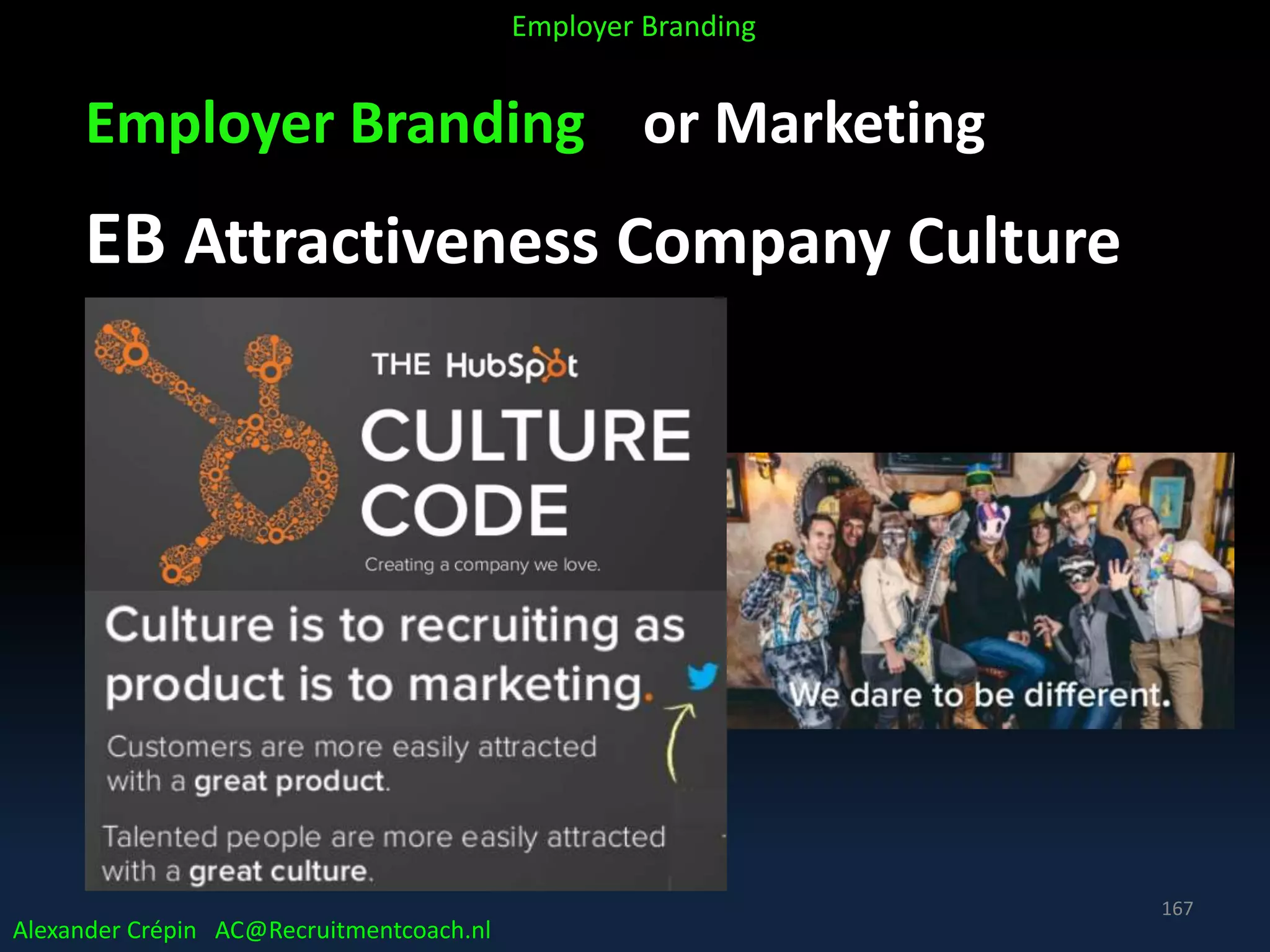 Employer Branding or Marketing
EB Attractiveness Company Culture
Alexander Crépin AC@Recruitmentcoach.nl
Employer Branding
167
 