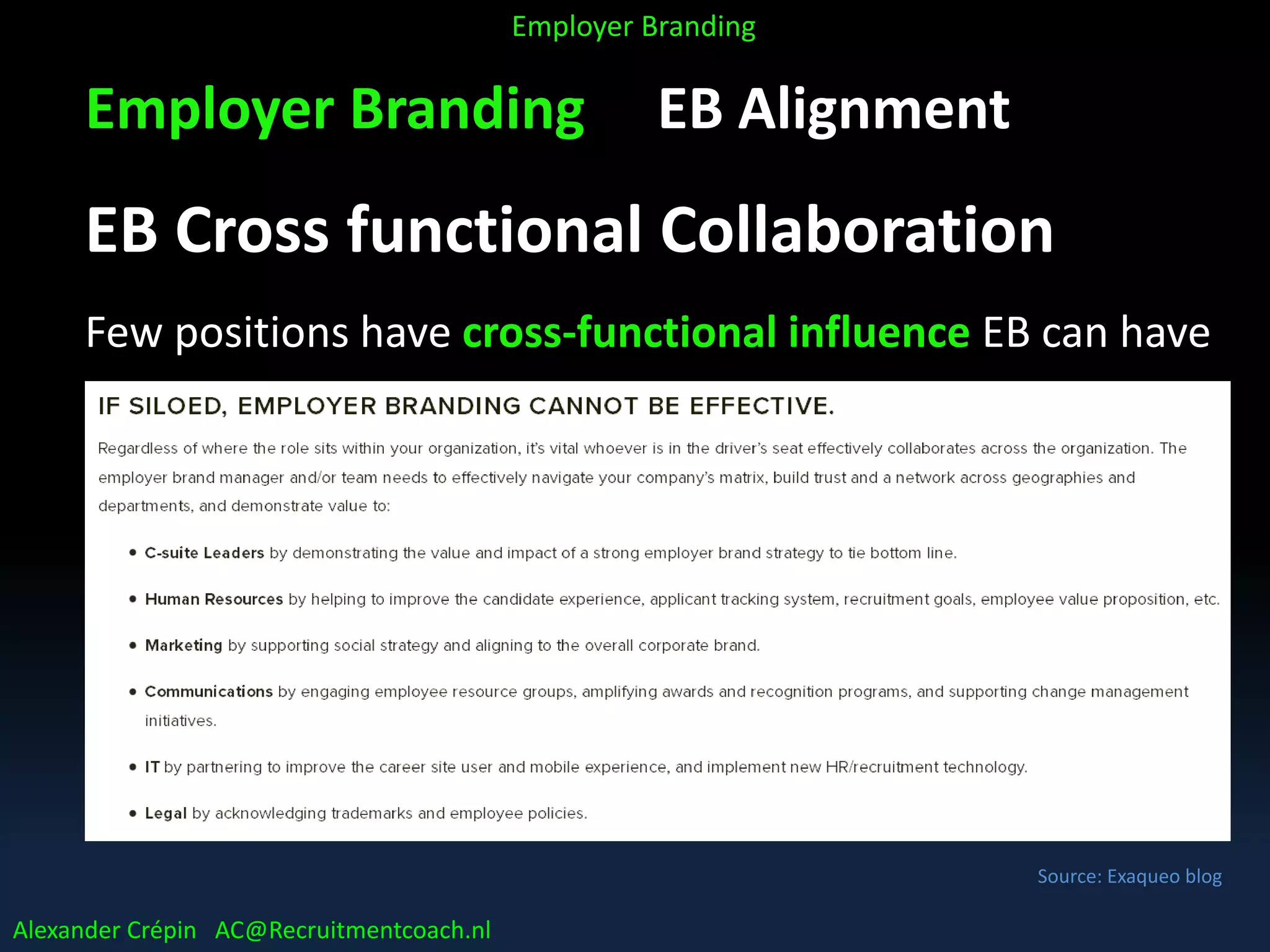 Employer Branding EB Alignment
EB Cross functional Collaboration
Few positions have cross-functional influence EB can have
Source: Exaqueo blog
Alexander Crépin AC@Recruitmentcoach.nl
Employer Branding
 