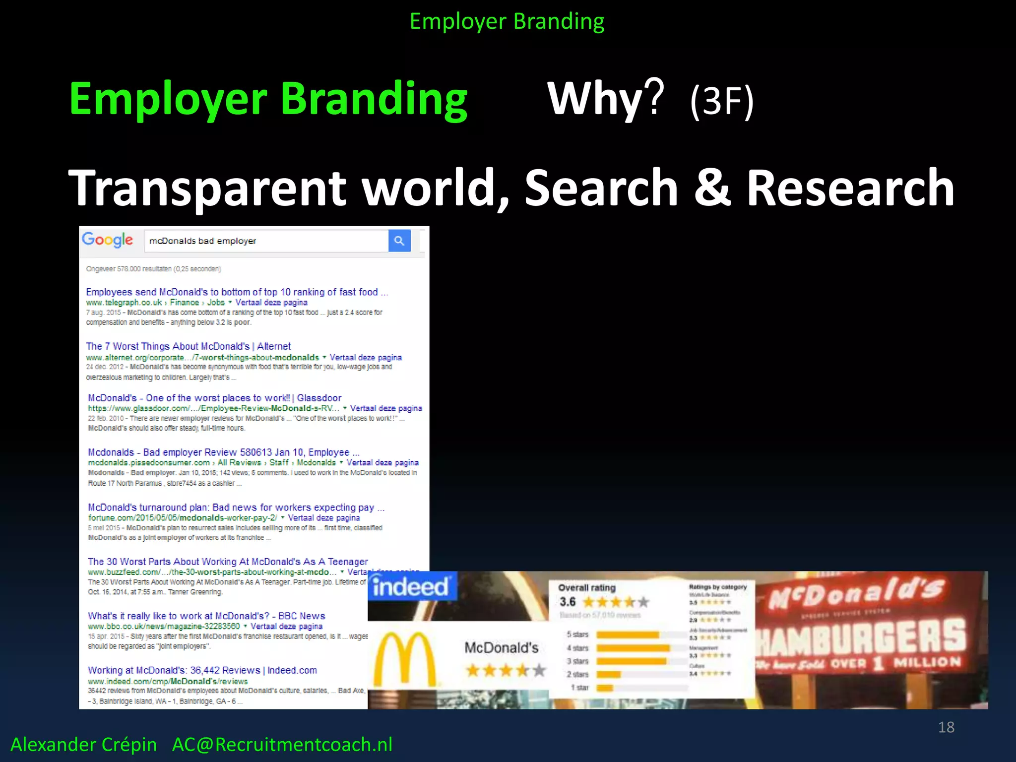 Employer Branding Why? (3F)
Transparent world, Search & Research
Alexander Crépin AC@Recruitmentcoach.nl
Employer Branding
18
 