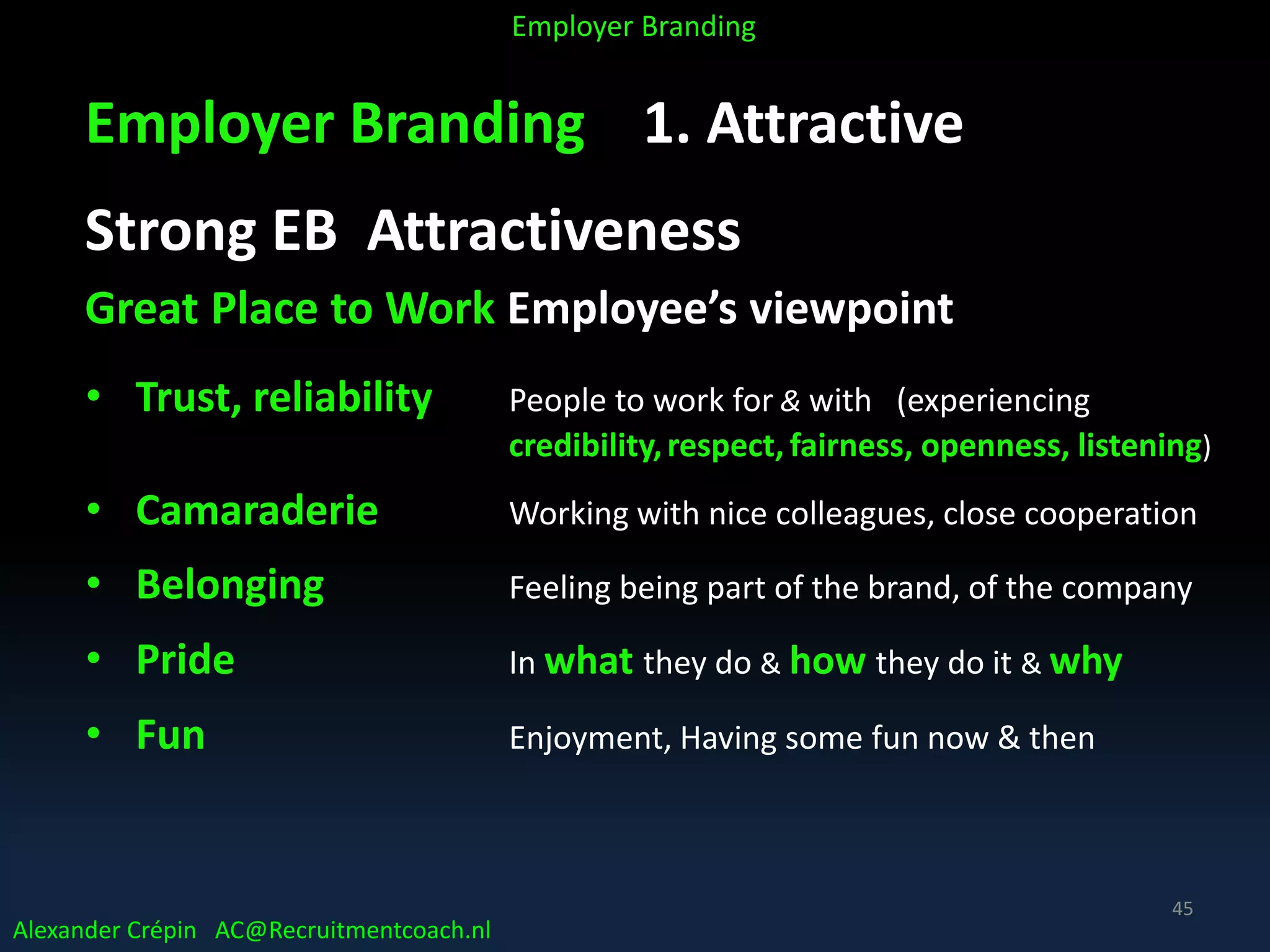Employer Branding 1. Attractive
Strong EB Attractiveness
Great Place to Work Employee’s viewpoint
• Trust, reliability People to work for & with (experiencing
credibility,respect, fairness, openness, listening)
• Camaraderie Working with nice colleagues, close cooperation
• Belonging Feeling being part of the brand, of the company
• Pride In what they do & how they do it & why
• Fun Enjoyment, Having some fun now & then
Alexander Crépin AC@Recruitmentcoach.nl
Employer Branding
45
 