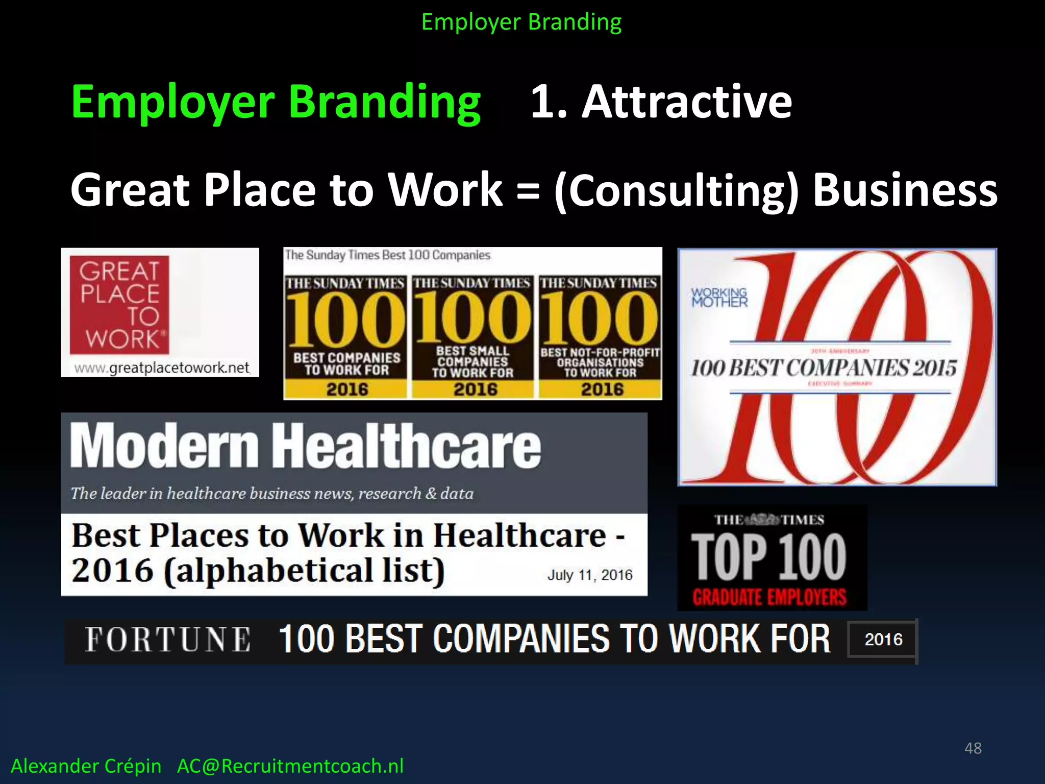 Employer Branding 1. Attractive
Great Place to Work = (Consulting) Business
Alexander Crépin AC@Recruitmentcoach.nl
Employer Branding
48
 