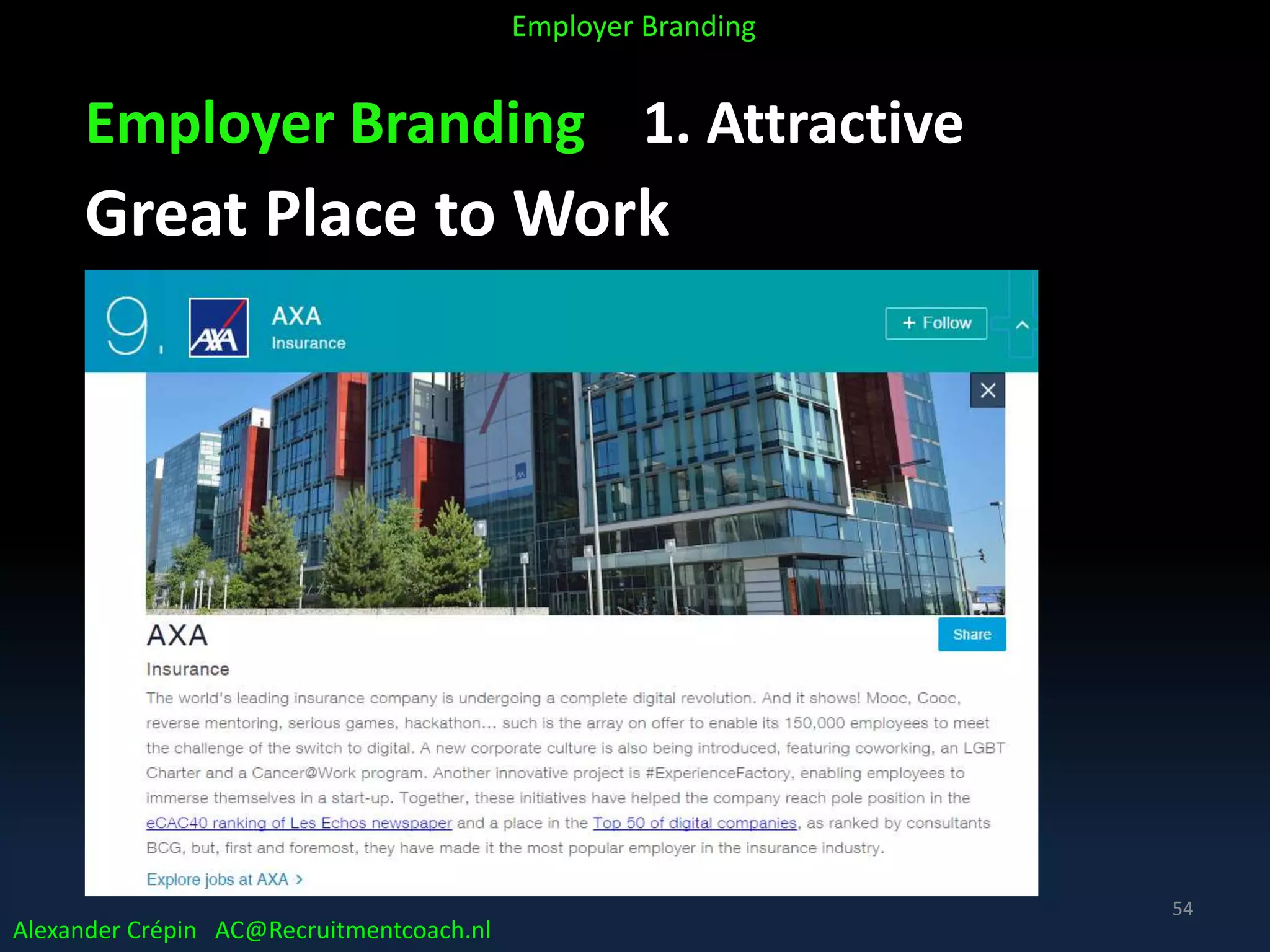 Employer Branding 1. Attractive
Great Place to Work
Alexander Crépin AC@Recruitmentcoach.nl
Employer Branding
54
 