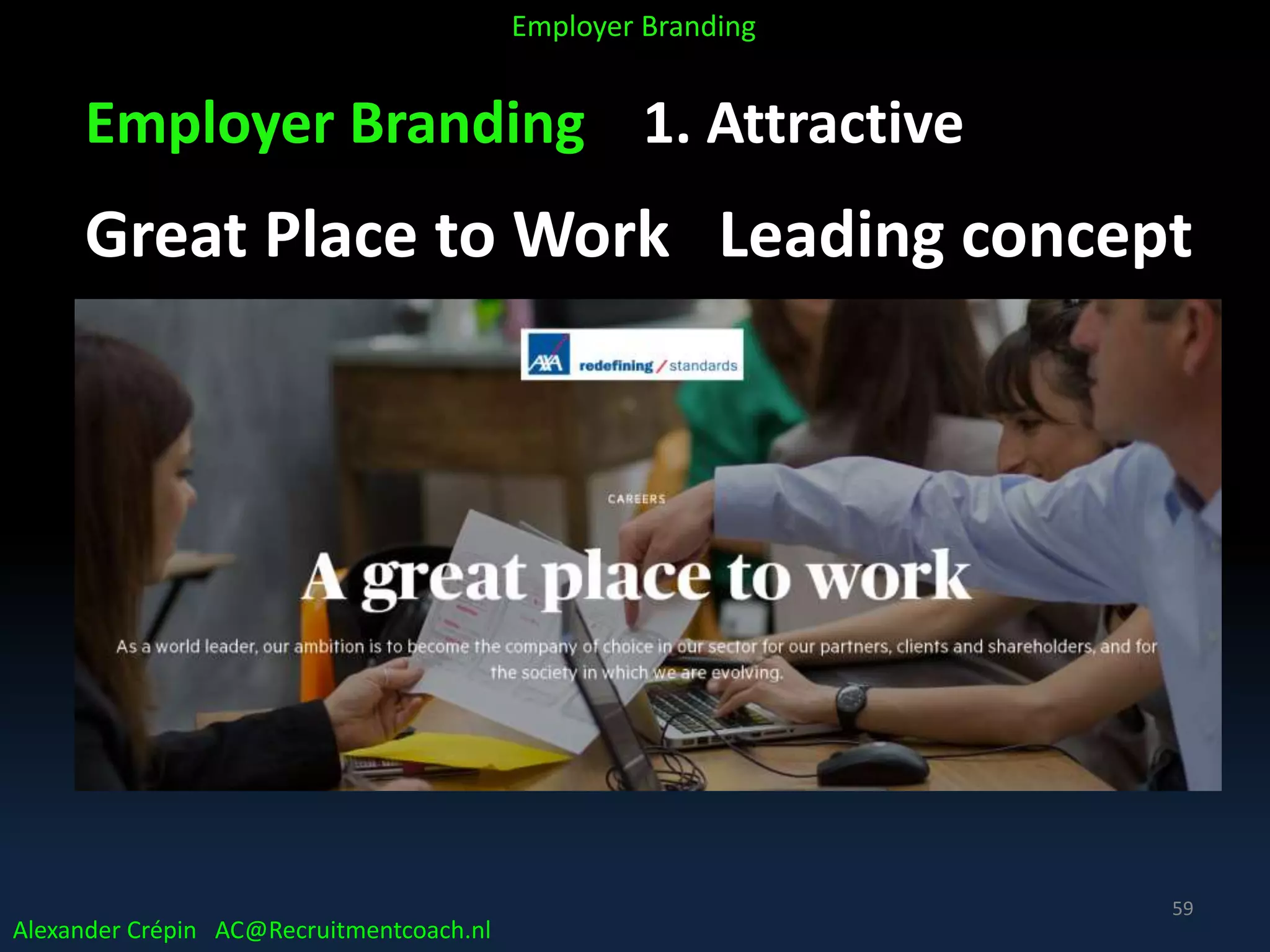 Employer Branding 1. Attractive
Great Place to Work Leading concept
Alexander Crépin AC@Recruitmentcoach.nl
Employer Branding
59
 