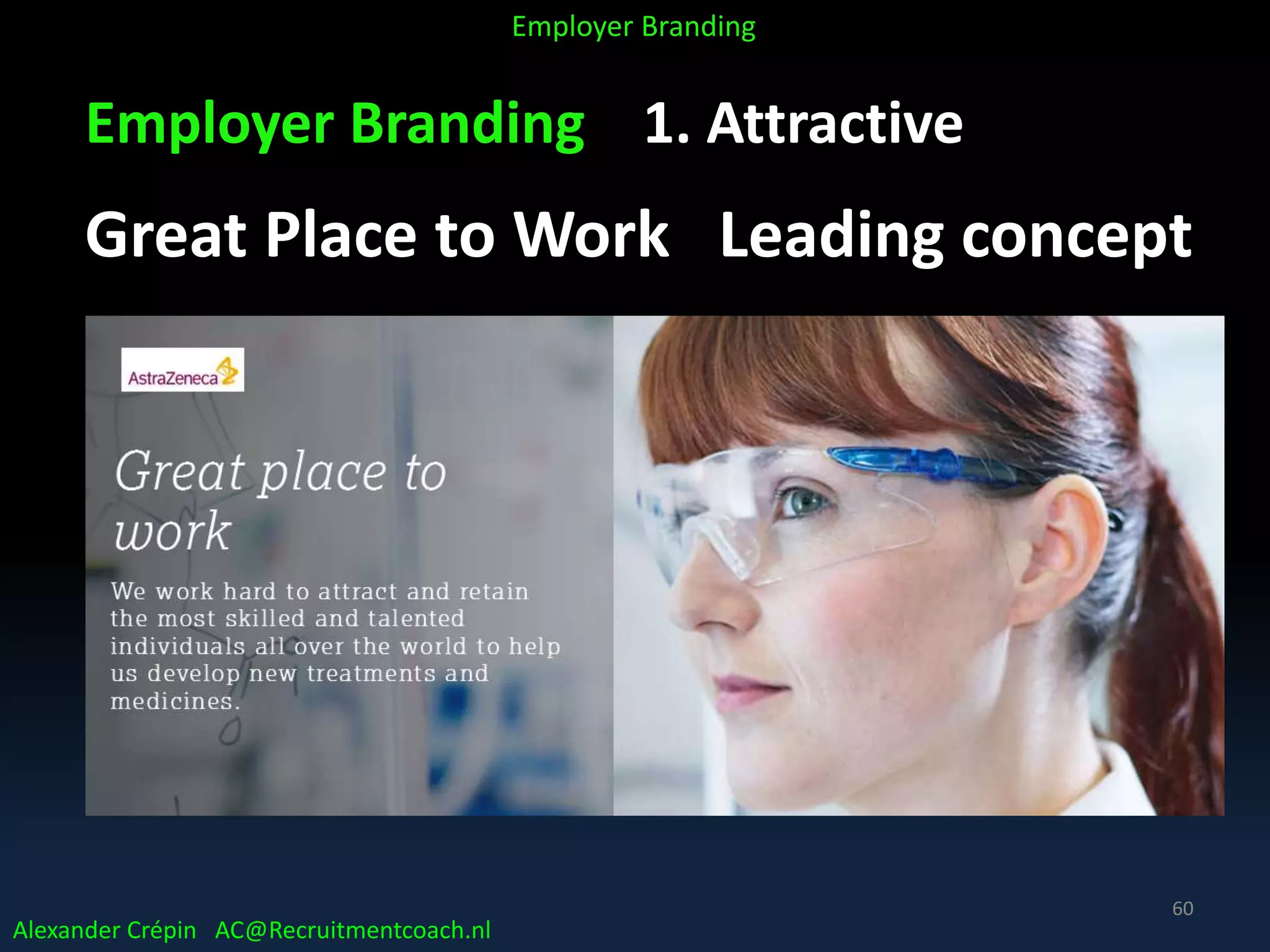 Employer Branding 1. Attractive
Great Place to Work Leading concept
Alexander Crépin AC@Recruitmentcoach.nl
Employer Branding
60
 