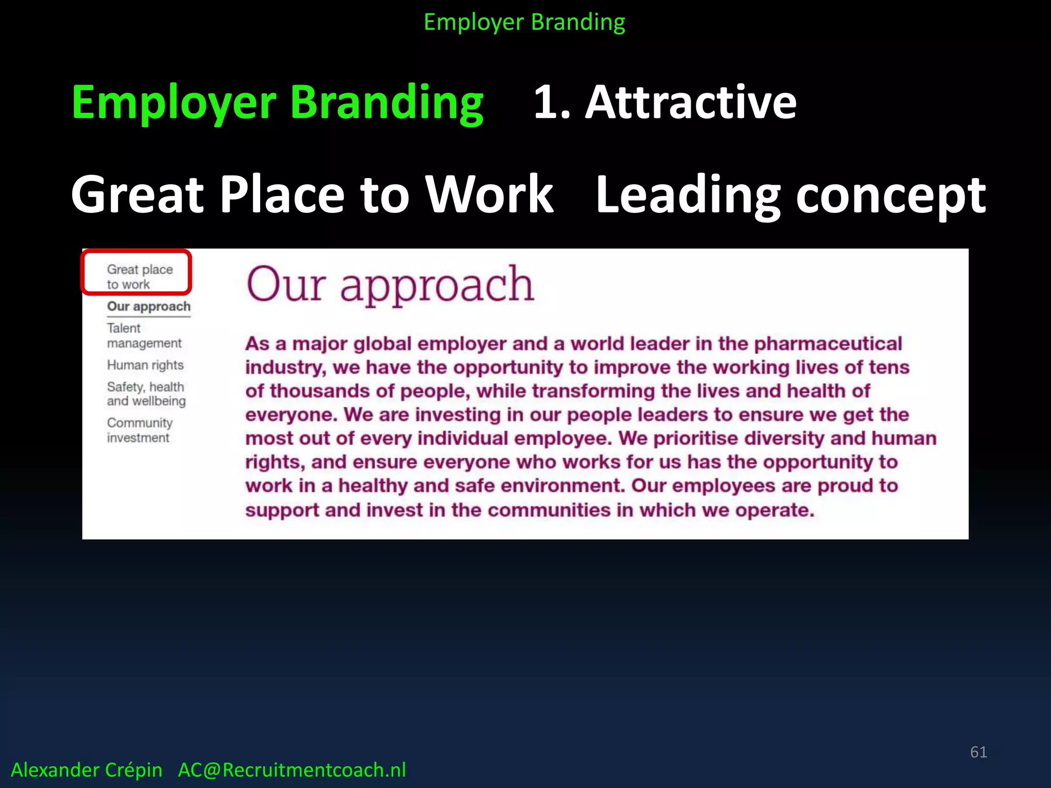 Employer Branding 1. Attractive
Great Place to Work Leading concept
Alexander Crépin AC@Recruitmentcoach.nl
Employer Branding
61
 