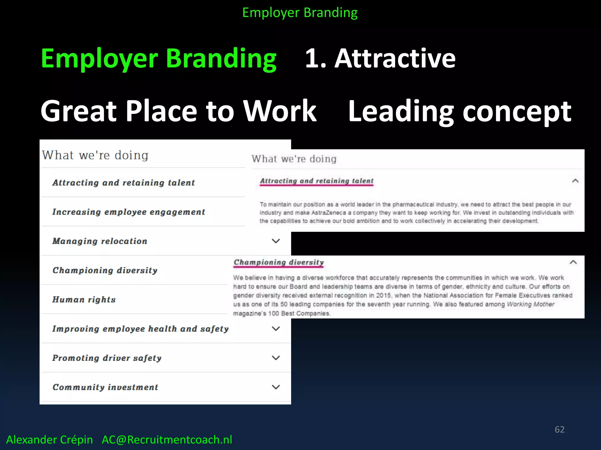 Employer Branding 1. Attractive
Great Place to Work Leading concept
Alexander Crépin AC@Recruitmentcoach.nl
Employer Branding
62
 