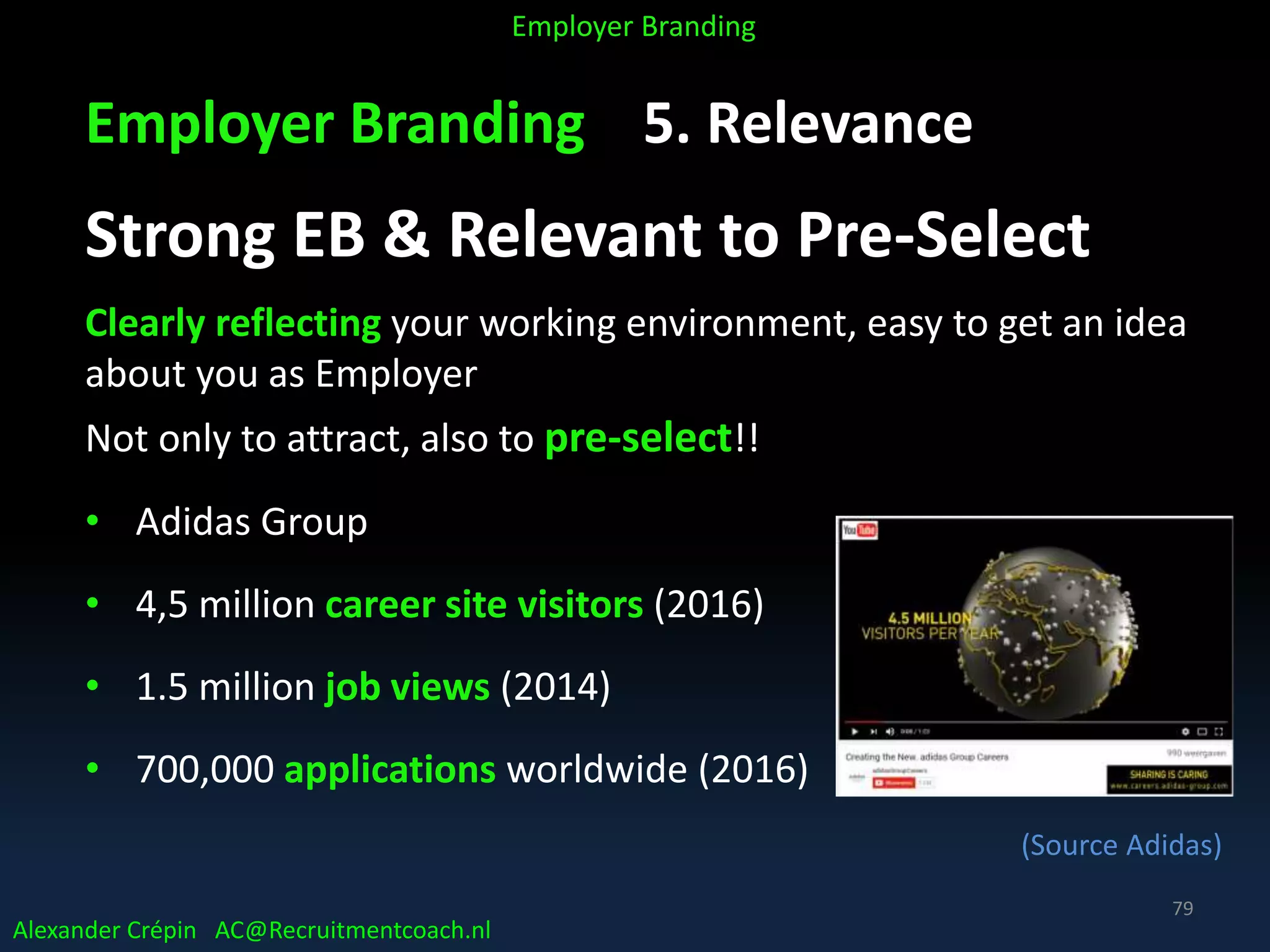Employer Branding 5. Relevance
Strong EB & Relevant to Pre-Select
Clearly reflecting your working environment, easy to get an idea
about you as Employer
Not only to attract, also to pre-select!!
• Adidas Group
• 4,5 million career site visitors (2016)
• 1.5 million job views (2014)
• 700,000 applications worldwide (2016)
(Source Adidas)
Alexander Crépin AC@Recruitmentcoach.nl
Employer Branding
79
 