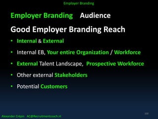 Employer Branding Audience
Good Employer Branding Reach
• Internal & External
• Internal EB, Your entire Organization / Workforce
• External Talent Landscape, Prospective Workforce
• Other external Stakeholders
• Potential Customers
Alexander Crépin AC@Recruitmentcoach.nl
Employer Branding
100
 
