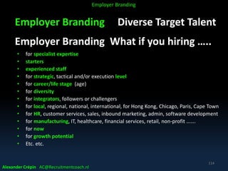 Employer Branding Diverse Target Talent
Employer Branding What if you hiring …..
• for specialist expertise
• starters
• experienced staff
• for strategic, tactical and/or execution level
• for career/life stage (age)
• for diversity
• for integrators, followers or challengers
• for local, regional, national, international, for Hong Kong, Chicago, Paris, Cape Town
• for HR, customer services, sales, inbound marketing, admin, software development
• for manufacturing, IT, healthcare, financial services, retail, non-profit …….
• for now
• for growth potential
• Etc. etc.
Alexander Crépin AC@Recruitmentcoach.nl
114
Employer Branding
 