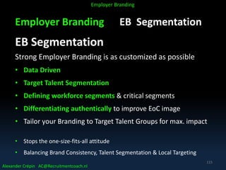 Employer Branding EB Segmentation
EB Segmentation
Strong Employer Branding is as customized as possible
• Data Driven
• Target Talent Segmentation
• Defining workforce segments & critical segments
• Differentiating authentically to improve EoC image
• Tailor your Branding to Target Talent Groups for max. impact
• Stops the one-size-fits-all attitude
• Balancing Brand Consistency, Talent Segmentation & Local Targeting
Alexander Crépin AC@Recruitmentcoach.nl
Employer Branding
115
 