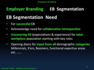 Employer Branding EB Segmentation
EB Segmentation Need
• For successful EB
• Acknowledge need for collaborative introspection
• Uncovering EB (expectations & experience) for total
workplace population starting with key roles
• Opening doors for input from all demographic categories
Millennials, X’ers, Boomers, functional expertise areas
etc. ……
Alexander Crépin AC@Recruitmentcoach.nl
Employer Branding
116
 