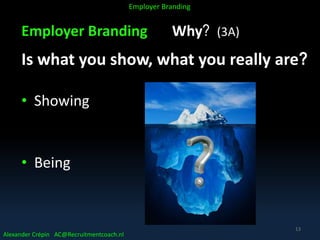Employer Branding Why? (3A)
Is what you show, what you really are?
• Showing
• Being
Alexander Crépin AC@Recruitmentcoach.nl
Employer Branding
13
 