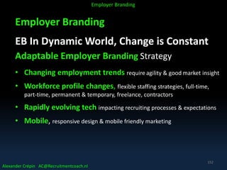 Employer Branding
EB In Dynamic World, Change is Constant
Adaptable Employer Branding Strategy
• Changing employment trends require agility & good market insight
• Workforce profile changes, flexible staffing strategies, full-time,
part-time, permanent & temporary, freelance, contractors
• Rapidly evolving tech impacting recruiting processes & expectations
• Mobile, responsive design & mobile friendly marketing
Alexander Crépin AC@Recruitmentcoach.nl
Employer Branding
152
 