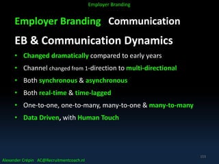 Employer Branding Communication
EB & Communication Dynamics
• Changed dramatically compared to early years
• Channel changed from 1-direction to multi-directional
• Both synchronous & asynchronous
• Both real-time & time-lagged
• One-to-one, one-to-many, many-to-one & many-to-many
• Data Driven, with Human Touch
Alexander Crépin AC@Recruitmentcoach.nl
Employer Branding
153
 