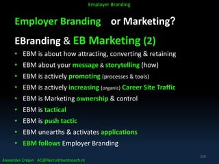 Employer Branding or Marketing?
EBranding & EB Marketing (2)
• EBM is about how attracting, converting & retaining
• EBM about your message & storytelling (how)
• EBM is actively promoting (processes & tools)
• EBM is actively increasing (organic) Career Site Traffic
• EBM is Marketing ownership & control
• EBM is tactical
• EBM is push tactic
• EBM unearths & activates applications
• EBM follows Employer Branding
Alexander Crépin AC@Recruitmentcoach.nl
Employer Branding
159
 