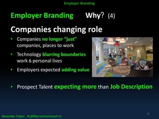 Employer Branding Why? (4)
Companies changing role
• Companies no longer “just”
companies, places to work
• Technology blurring boundaries
work & personal lives
• Employers expected adding value
• Prospect Talent expecting more than Job Description
Alexander Crépin AC@Recruitmentcoach.nl
Employer Branding
19
 