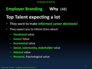 Employer Branding Why (4B)
Top Talent expecting a lot
• They want to make informed career decisions!
• They expect you to inform them about:
– Vocational value
– Career Value
– Economical value
– Social, community, stakeholder value
– Interest value
– Personal, Psychological value
Alexander Crépin AC@Recruitmentcoach.nl
Employer Branding
21
 