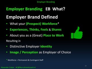Employer Branding EB What?
Employer Brand Defined
• What your (Prospect) Workforce*
• Experiences, Thinks, Feels & Shares
• About you as a (Great) Place to Work
Resulting in
• Distinctive Employer Identity
• Image / Perception as Employer of Choice
* Workforce = Permanent & Contingent Staff
Alexander Crépin AC@Recruitmentcoach.nl
Employer Branding
29
 