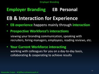 Employer Branding EB Personal
EB & Interaction for Experience
• EB experience happens mainly through interaction
• Prospective Workforce’s interactions
viewing your branding communication, speaking with
recruiters, hiring managers, employees, reading reviews, etc.
• Your Current Workforce interacting
working with colleagues for you on a day-to-day basis,
collaborating & cooperating to achieve results
Alexander Crépin AC@Recruitmentcoach.nl
Employer Branding
30
 