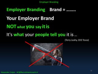 Employer Branding Brand = ……..
Your Employer Brand
NOTwhat you sayitis
It's what your people tell you it is …
(Terry Leahy, CEO Tesco)
Alexander Crépin AC@Recruitmentcoach.nl
Employer Branding
32
 