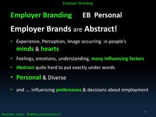Employer Branding EB Personal
Employer Brands are Abstract!
• Experience, Perception, Image occurring in people’s
minds & hearts
• Feelings, emotions, understanding, many influencing factors
• Abstract quite hard to put exactly under words
• Personal & Diverse
• and …. influencing preferences & decisions about employment
Alexander Crépin AC@Recruitmentcoach.nl
Employer Branding
33
 