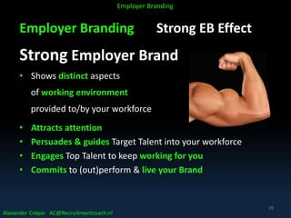 Employer Branding Strong EB Effect
Strong Employer Brand
• Shows distinct aspects
of working environment
provided to/by your workforce
• Attracts attention
• Persuades & guides Target Talent into your workforce
• Engages Top Talent to keep working for you
• Commits to (out)perform & live your Brand
Alexander Crépin AC@Recruitmentcoach.nl
Employer Branding
39
 